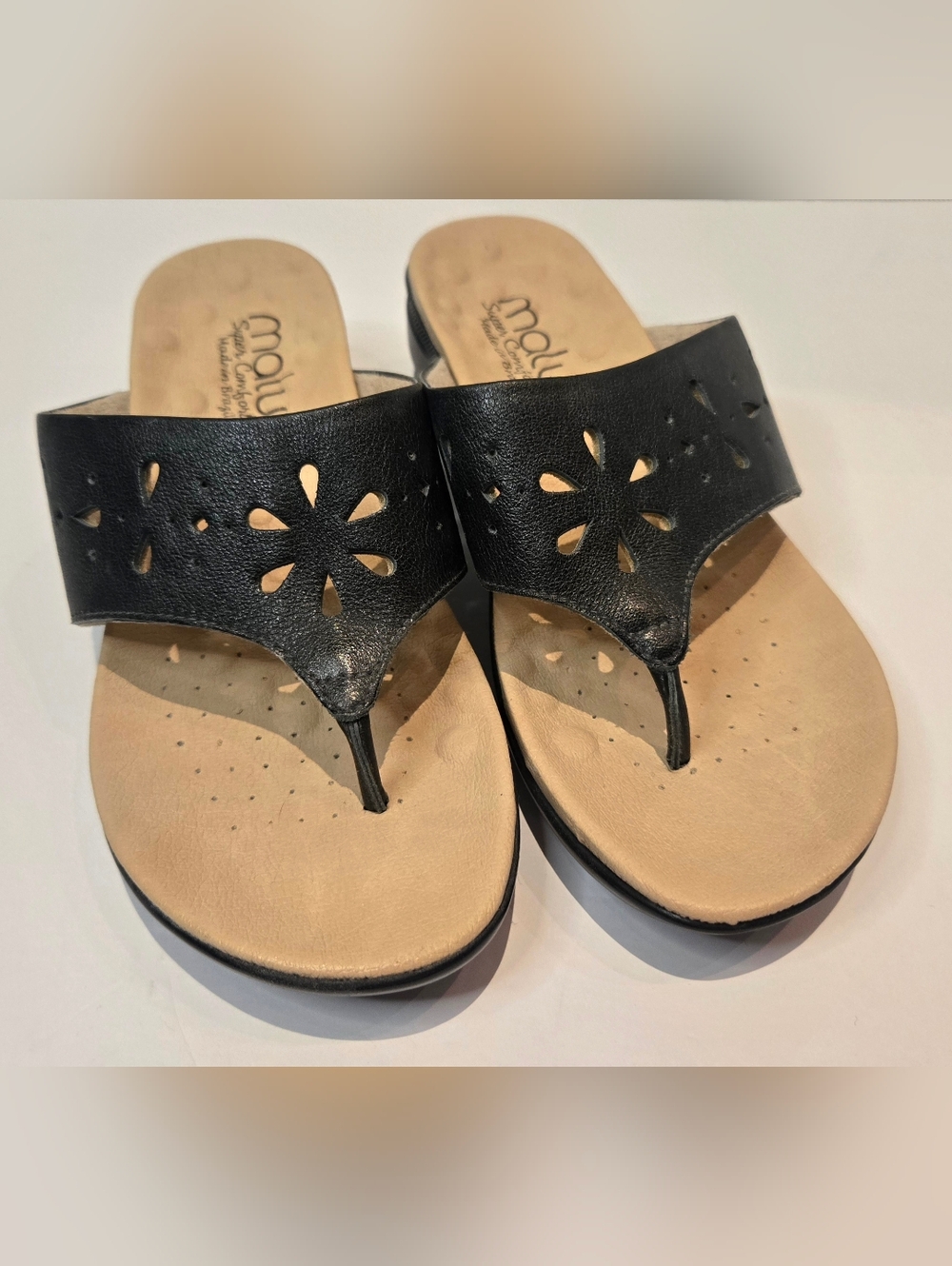 Malu Super Comfort Black Floral Cutout Thong Sandals